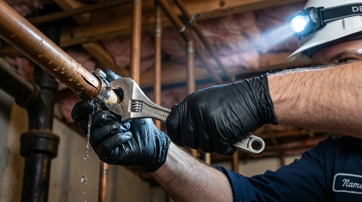 Emergency pipe clamp repair being performed by a Johns Plumbing LLC plumber in China