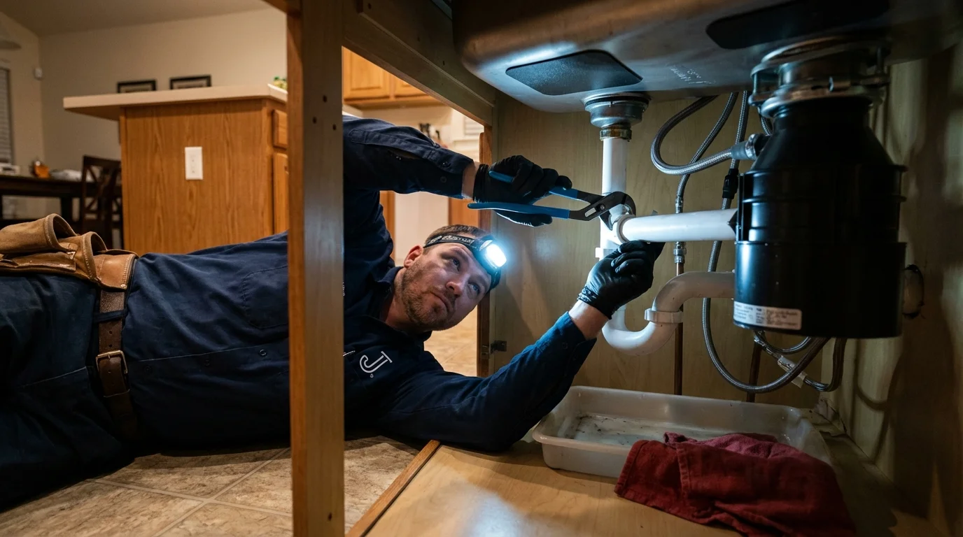 P-trap and supply line connections under a kitchen sink showing a common leak point in China, TX